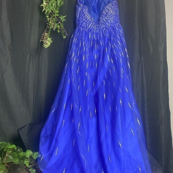 Morgan & Co. Blue Glittery Prom Dress Hi Low - Picture 7 of 8